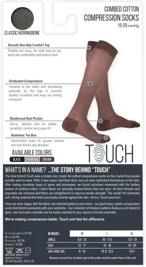 TOUCH Compression 15-20 mmHg, 1 Socks for Men, Herringbone, Cotton, Pair, Charcoal, X-Large