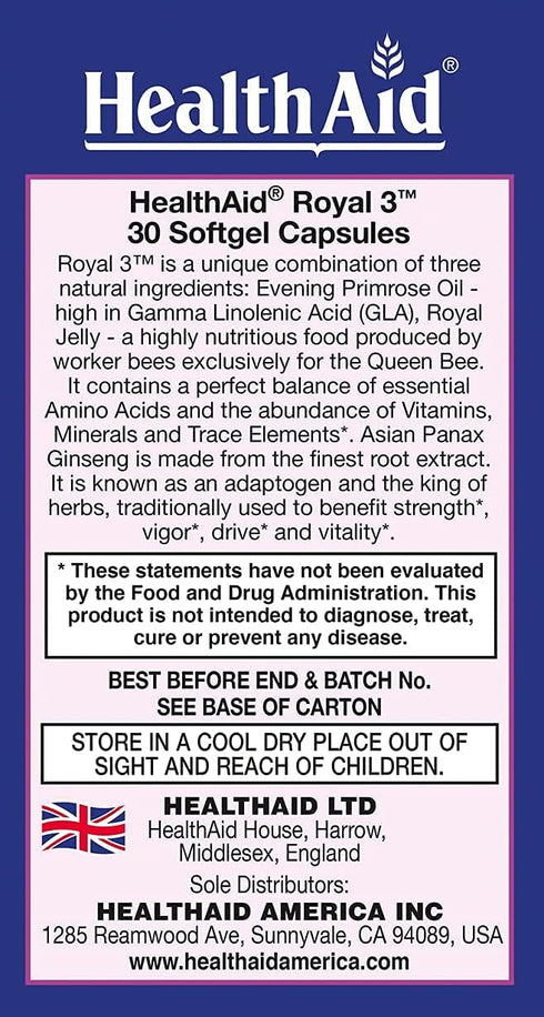 HealthAid 3, 30 Royal with Evening Primrose Oil, Royal Jelly, Ginseng, Once Daily, Capsules