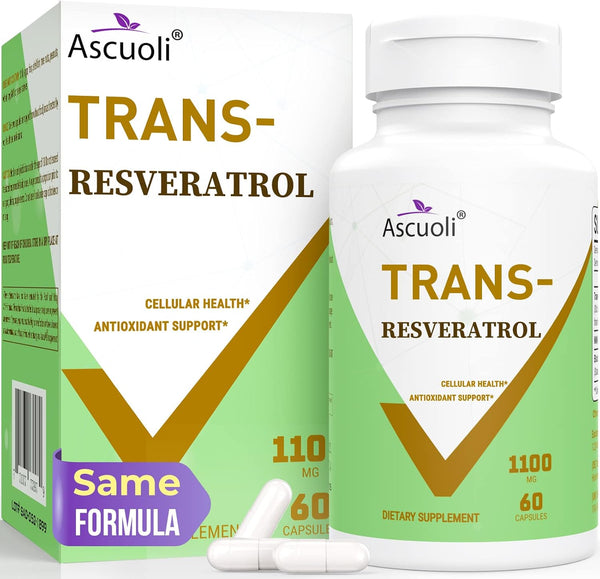99% Ultra Purity Ascuoli Trans-Resveratrol 1100mg, 3-in-1 Organic Resveratrol Supplement for Antioxidant & Immune