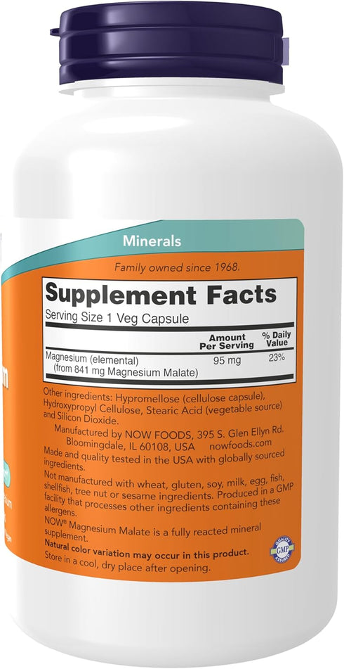NOW Foods Magnesium Malate Caps - 95 mg Elemental Magnesium for Nervous System Support, 180 Veg Capsules