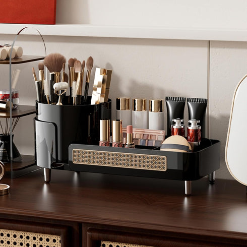 Rotating Large Capacity Cosmetic Display Case - Black Bathroom Counter Organizer for Skincare & Cosmetics