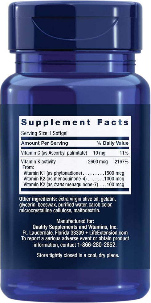 Life Extension Super K, vitamin K1, vitamin K2 mk-7, vitamin K2 mk-4, vitamin C, bone/heart/arterial health, 3-month supply, Gluten-Free, 1 Daily, Non-GMO, 90 softgels