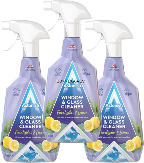 Astonish Streak Free Window & Glass Cleaner, 3 Pack Spray Bottles with Vinegar for Deep Cleaning, 750ml