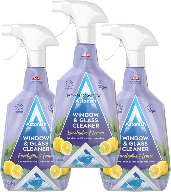 Astonish Streak Free Window & Glass Cleaner, 3 Pack Spray Bottles with Vinegar for Deep Cleaning, 750ml