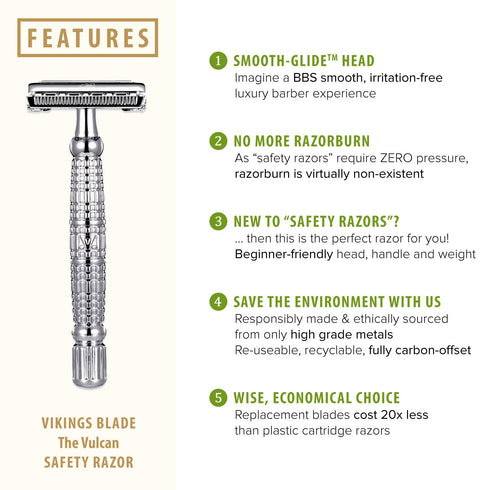 VIKINGS BLADE Double Edge Safety Razor for Men + 5 Swedish Steel Blades + Luxury Case