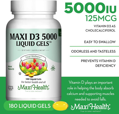 Maxi Health D3 5000 Liquid Gels, Natural Vitamin D3 Nutrition Supplement, 180 Capsules, Kosher