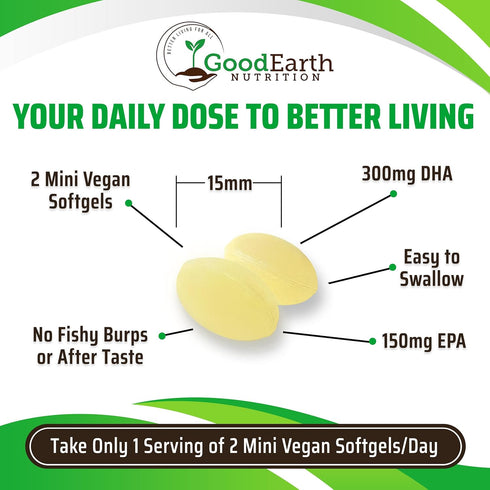 Vegan Omega 3 - Plant Based Algal DHA/EPA - 60 Veggie Softgels for Brain, Heart, Joints & Prenatal Health