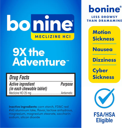 Bonine Non-Drowsy Motion Sickness Relief, Chewable Tablets with Meclizine HCL 25mg, Raspberry Flavor, 28 Tablets