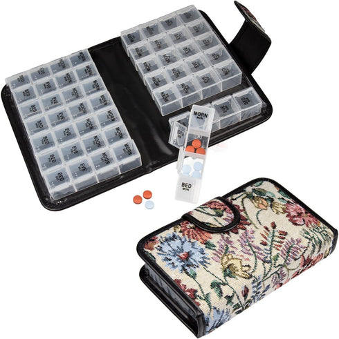 Floral Pill Case Box - 14 Day Pill Holder & Medication Organizer, Travel Case with 4 Compartments for Each Day