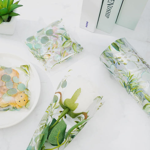 Whaline Eucalyptus Cellophane Wrap Roll, Greenery Clear Wrapping Paper for Gift Basket, 32 Inch x 100 Ft