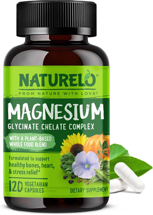 NATURELO Magnesium Glycinate Chelate Complex, 200 mg with Organic Vegetables for Sleep and Stress Relief