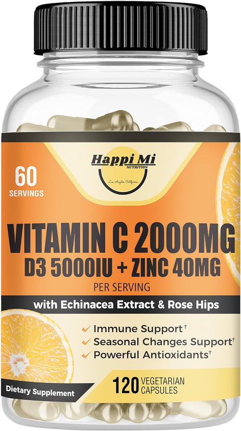Vitamin C 2000MG, Zinc 40 mg, Vitamin D3 5000 IU, Echinacea Extract, 120 Vegan Caps, Immune Support for Adults & Kids