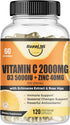 Vitamin C 2000MG, Zinc 40 mg, Vitamin D3 5000 IU, Echinacea Extract, 120 Vegan Caps, Immune Support for Adults & Kids
