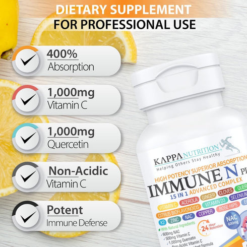 NAC 600mg, Quercetin 1,000mg, Vitamin C 500mg, 90 Capsules, Immune N Plus 15 in 1 Supplement