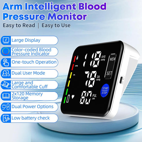 Blood Pressure Monitor Upper Arm - Rechargeable Home Use BP Machine with Large LED Screen and Talking Function