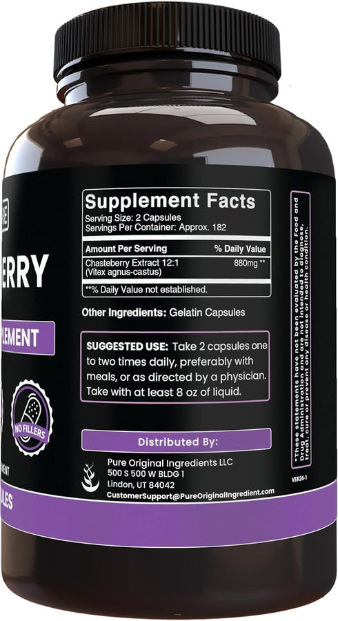PURE ORIGINAL INGREDIENTS (365 Vitex Berry (Chasteberry) Capsules) No Magnesium Or Rice Fillers, Always Pure, Lab