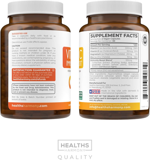 Immune Support Supplement with Elderberry, Vitamin C, Zinc, D, Magnesium, Echinacea, Cordyceps - 120 Vegetarian Capsules