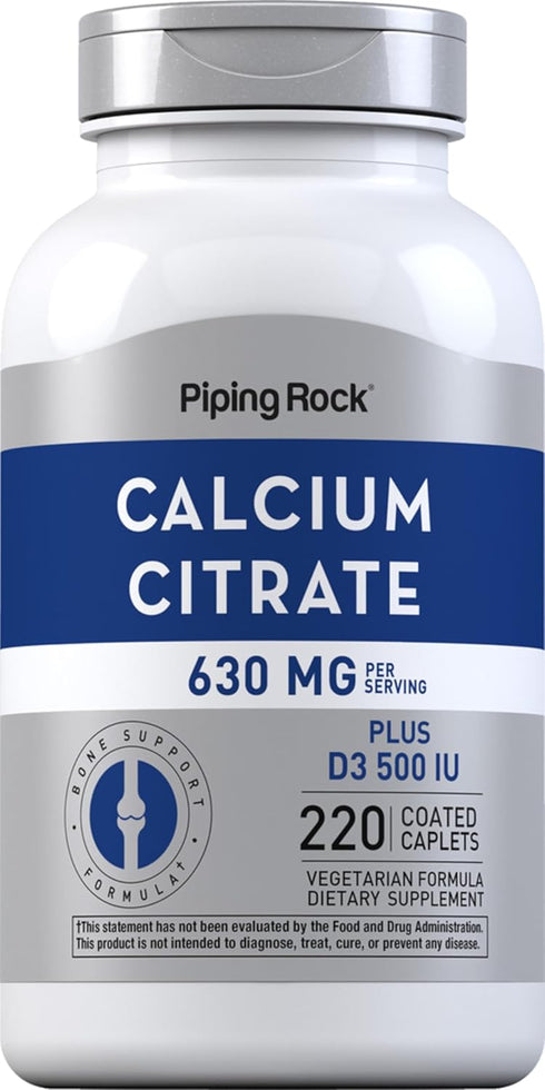Calcium Citrate with Vitamin D3, 630 mg, 220 Caplets - Non-GMO, Gluten Free Supplement by Piping Rock