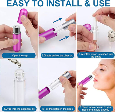 6 Pack Aromatherapy Nasal Inhaler Tubes, Portable Reusable Aluminum Nasal Inhalers with Mini Droppers