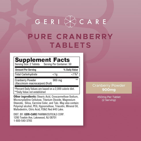 GeriCare Cranberry Supplement, 100 Tablets, 450 mg