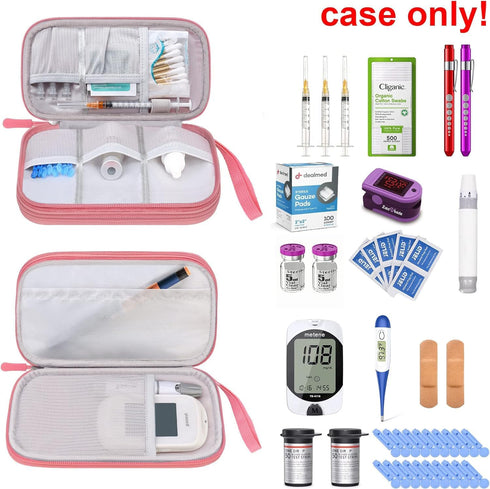 Double Layer Diabetic Supplies Storage Bag, Organizer for Glucose Meter, Insulin Pen, Test Strips, and More (Pink)