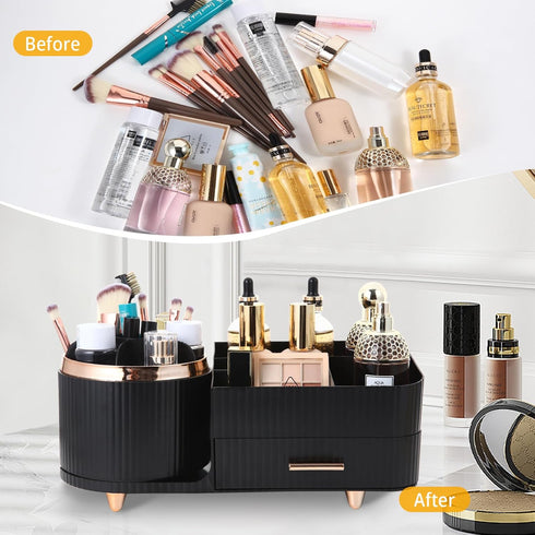 Makeup Organizer Countertop, 360 Rotating Brush Holder with Drawers, Large Capacity Skincare Organizer, Black
