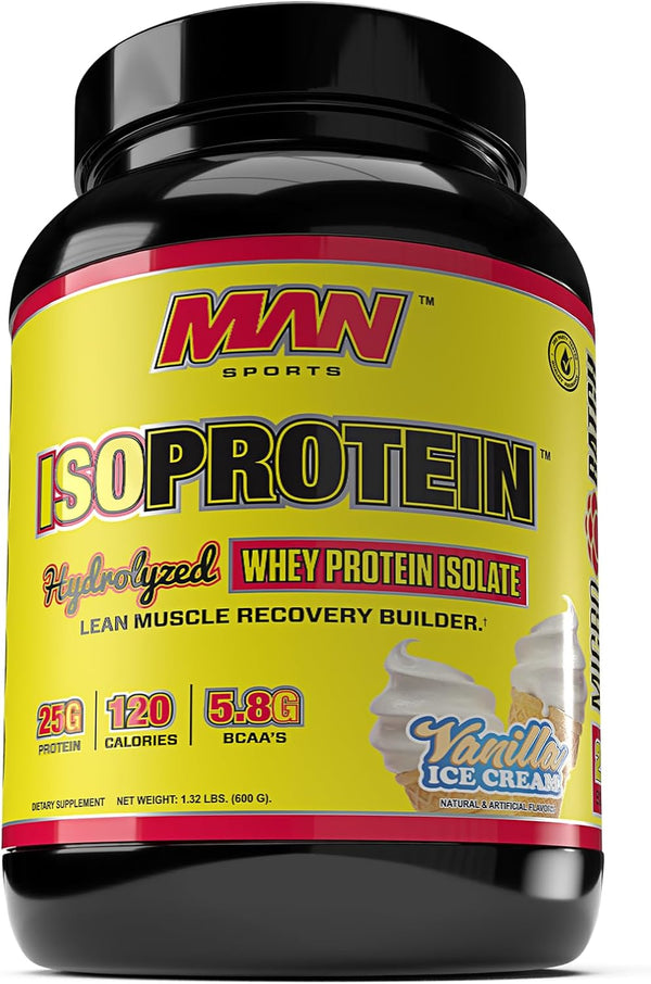 Man Sports ISO-Protein Hydrolyzed - 100% Pure Whey Protein Isolate Powder - Vanilla Ice Cream - 1.32 Pounds