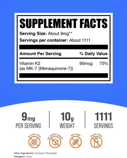 K2 K2 MK-7, K2 9mg 10g (0.35 oz) (Pack 1) BulkSupplements.com Vitamin Powder - Vitamin as Menaquinone Powder - Vitamin