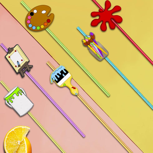 24pcs Art Painting Character Cocktail Drink Straws and Brushes for Birthday Party Supplies, Welcome Back to School