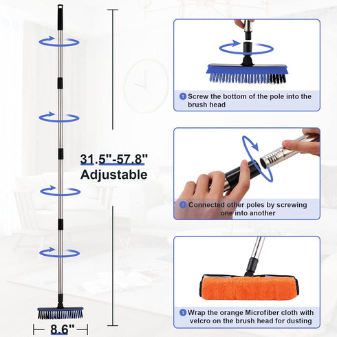 2 in 1 Floor Scrub Brush with 57.8" Long Handle, V-Shaped Corner Brush