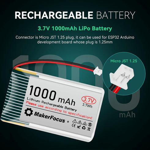 MakerFocus 4pcs 3.7V Lithium Rechargeable Battery - JST1.25 Connector, 1000mAh with Protection Board
