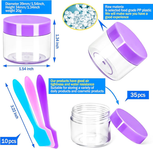 MotBach 35 PCS 20g Empty Plastic Containers with Colored Lids,Small Makeup Sample Containers,0.7oz Small Sample Pot Jars Round Travel Cosmetic Jars with Spatulas for Liquid Sample Powder Cream Lotion