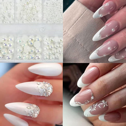 4 Boxes Flatback Rhinestones and Pearls Nail Charms for Acrylics, Crystals, Half Rounds for DIY Nail Art