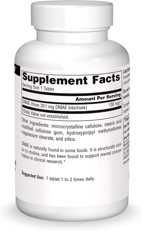 Source Naturals DMAE, Dimethylaminoethanol Bitartrate - Supports Mental Concentration - 100 Tablets