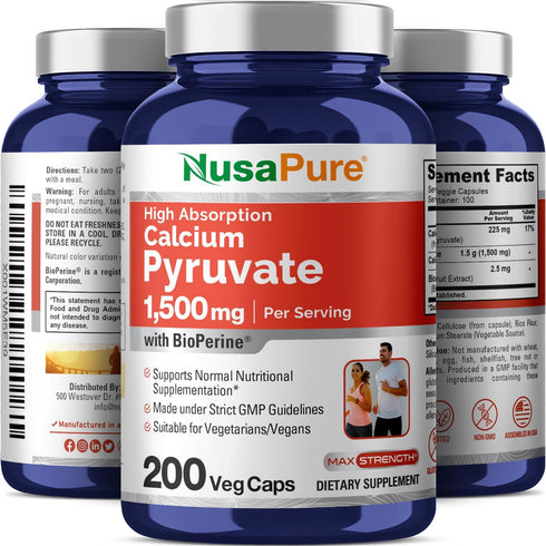 NusaPure Calcium Pyruvate 1500mg, 200 Vegetarian Caps, Non-GMO, Vegan