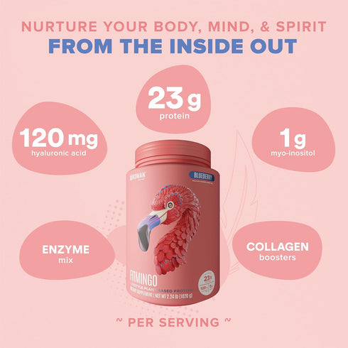 Birdman Fitmingo Vegan Protein Powder for Women - 23g Plant Based Blueberry Protein with Inositol and Collagen Boosters