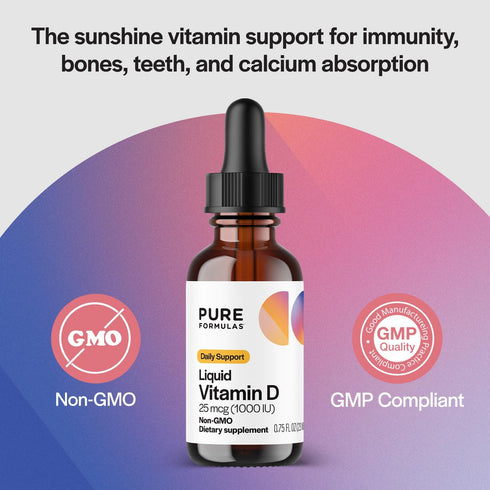 PureFormulas Liquid Vitamin D 25 mcg (1,000 IU) Drops for Daily Health, Non-GMO Vegetarian, 0.75 fl oz