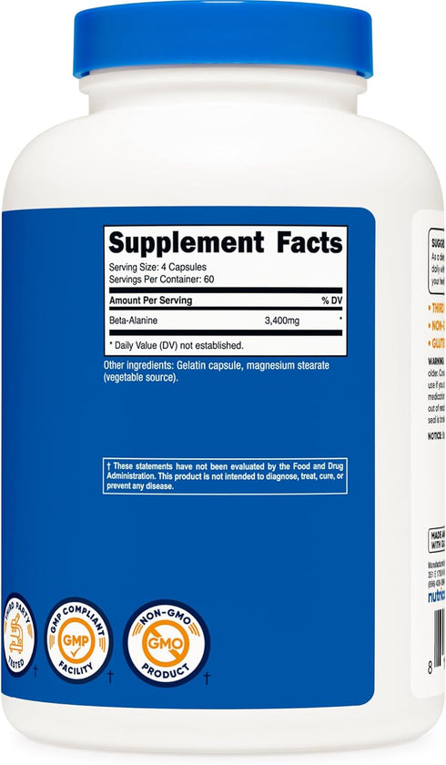 Nutricost Beta-Alanine Capsules 3400mg, 240 Capsules (60 Serv) - Non-GMO, Gluten Free & Potent Beta Alanine