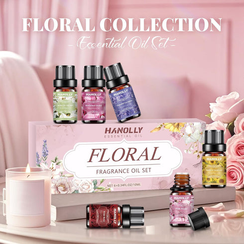 Set 6 Floral Essential Oils - Premium Fragrance Oil for Diffusers, Candle Making, Humidifier - Pink Peony, Wild Rose