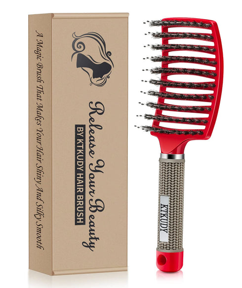 KTKUDY Detangling Hair Brush - Boar Bristle & Tangle-Free Design for Kids, Women, and Men, Pain-Free Styling (Red)