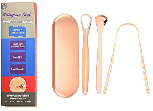 Metal Tongue Scrapers, 3 Piece Set 304 Stainless Steel with Storage Case