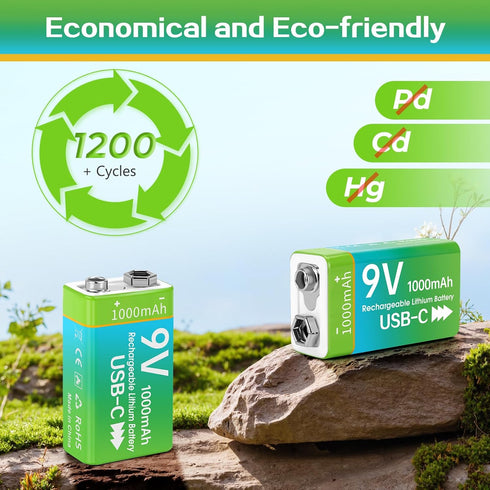 volkate 9V 4 Pack 1000mAh 9 6F22 Rechargeable Batteries for Smoke Detector, Volt Lithium Square Battery with USB-C