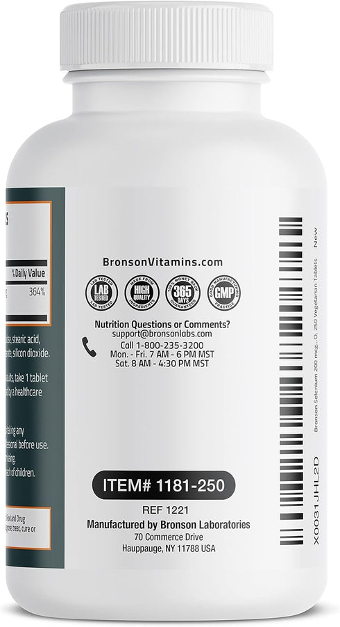 Bronson Selenium 200 mcg, Immune & Antioxidant Support, Essential Mineral, 250 Vegetarian Tablets