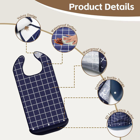 Men,Seniors,Women,3-Pack Adult Bibs for Washable Waterproof Bib with Crumb Catcher,Easy to Clean and Carry,Reusable