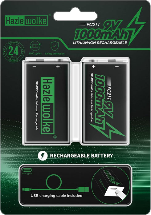 9V Rechargeable Battery, 1000mAh Long Lasting Lithium, 2 in 1 USB-C Fast Charging Cable, High Capacity (2 Pack)