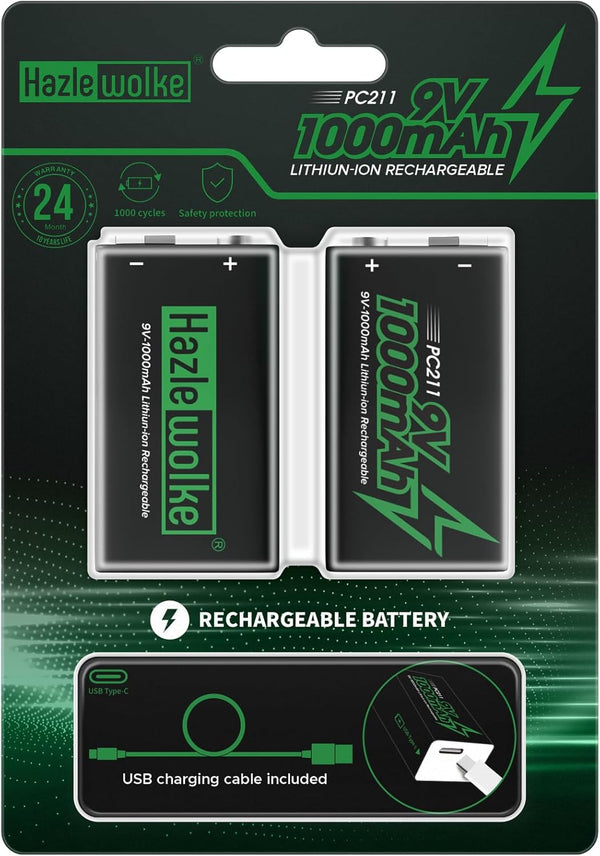 9V Rechargeable Battery, 1000mAh Long Lasting Lithium, 2 in 1 USB-C Fast Charging Cable, High Capacity (2 Pack)