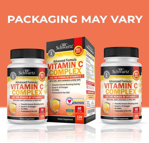 Vitamin C Complex Supplement - Vitamin C 1000mg Capsules with Rose HIPS Zinc and Citrus Bioflavonoids (60 Day Supply) - Supports Immune Health, Cellular Energy, Collagen Production, 120 Count