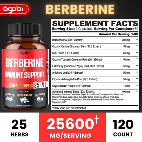 Premium Berberine Supplement with Ceylon, Ashwagandha, Turmeric, Milk Thistle, Elderberry & Black Pepper - Supports Immune System, Cardiovascular & Gastrointestinal - 120 Capsules