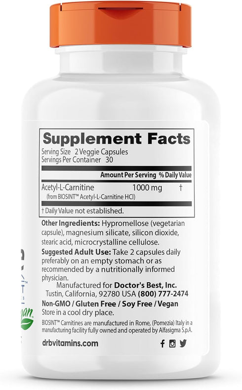 Doctor's Best Acetyl L-Carnitine, Help Boost Energy Production, Support Memory/Focus, Mood, Non-GMO, Vegan, Gluten Free