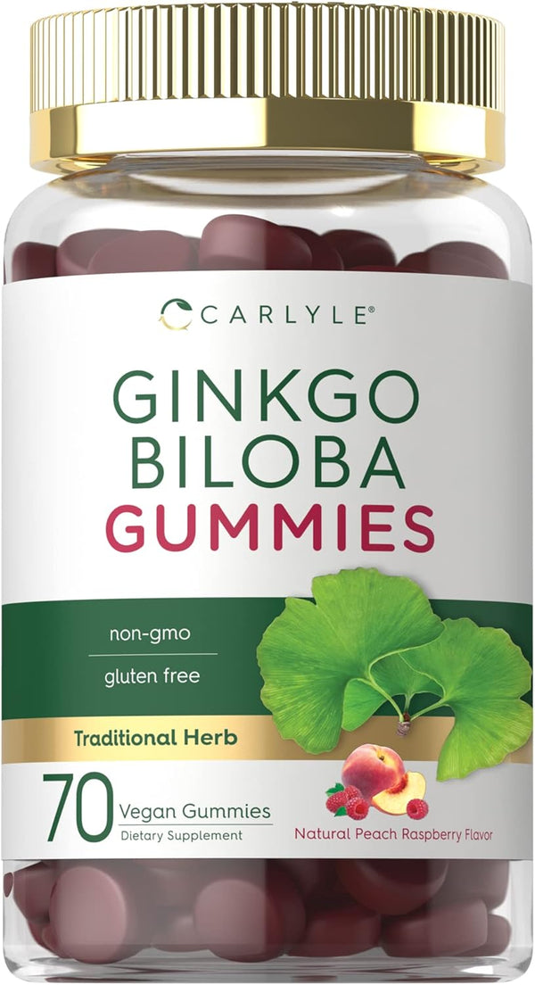 Carlyle Ginkgo Biloba 300mg | 70 Gummies | 45:1 Leaf Extract with Peach Raspberry Flavor | Vegan, Non-GMO, Gluten Free